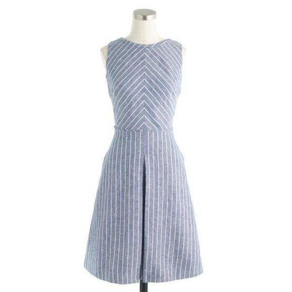 Ann Taylor LOFT Blue Chambray Linen Chevron Stripe Sleeveless Open Back Dress - Picture 3 of 12